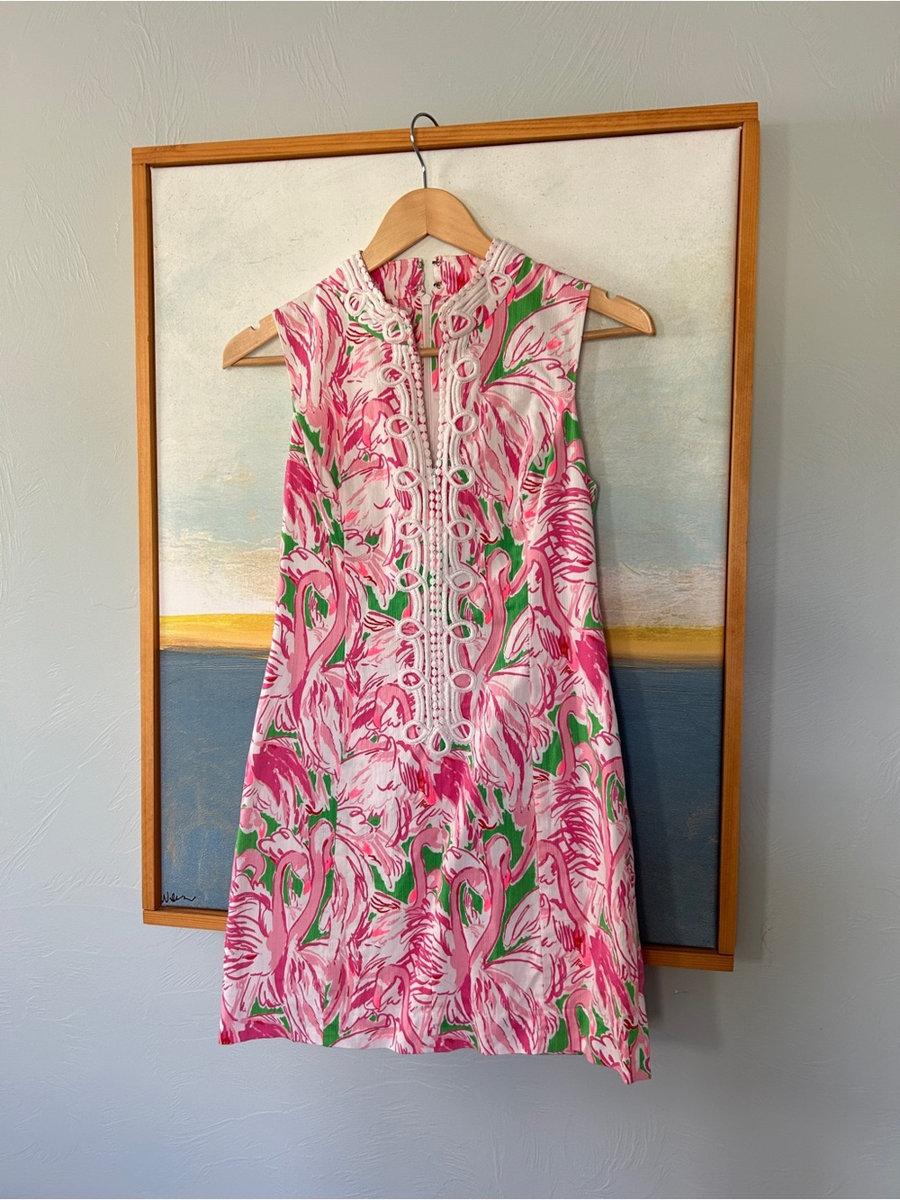 Lilly Pulitzer Pink, White & Green Embroidered Flamingo Vintage Dress 🦩